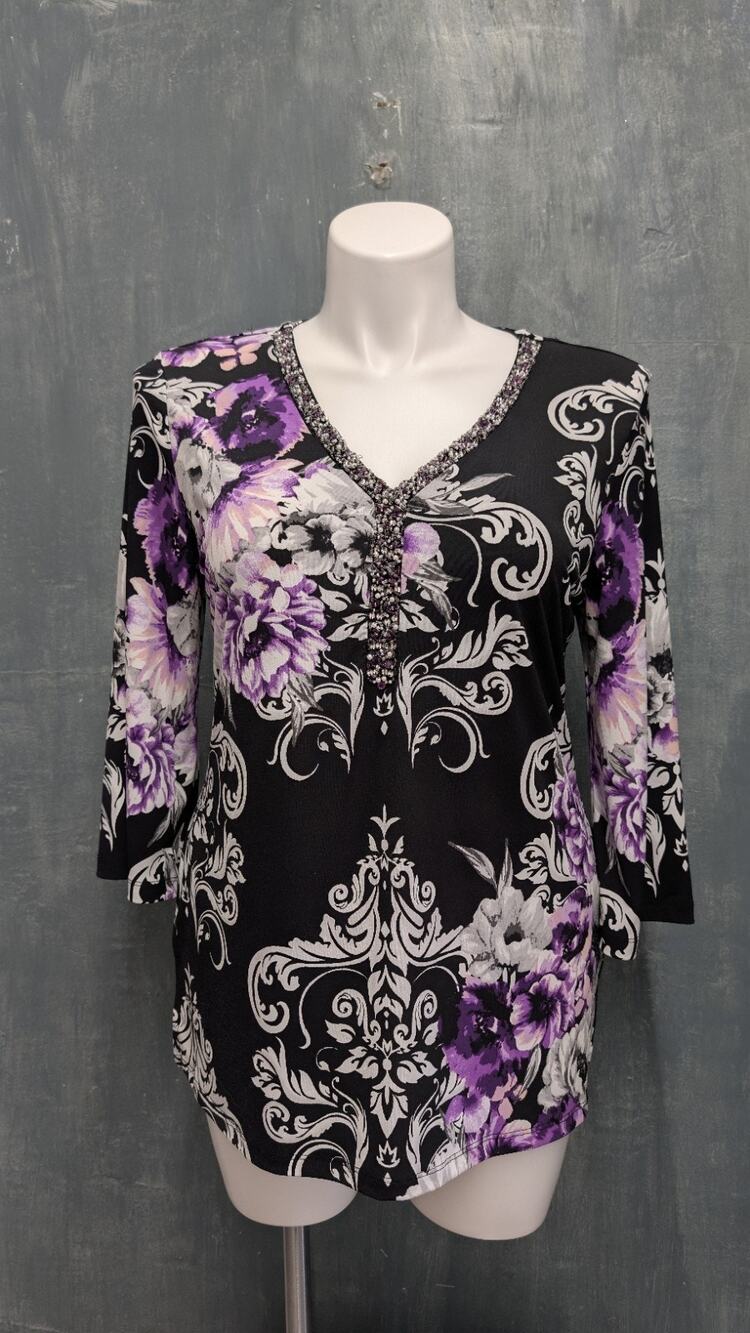 JM Collection Large Liquid Knit Tunic Top Purple Black
